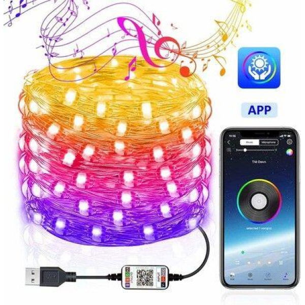 5 Meters 50 LEDS String Lights with Mobile Phone App, USB Copper Wire, Bluetooth Remote Control, Colorful LED Lights, for Christmas, Halloween