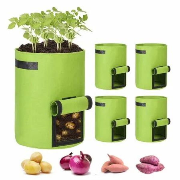 5-Pack 10 Gallon Potato Grow Bags,Aeration Fabric Pots with Handles Nonwoven Fabric Pots Vegetable Grow Bags for Tomato Vegetable and Fruits(Green)