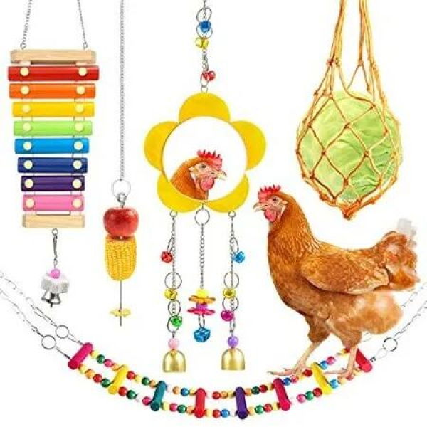 5-Pack Chicken Toys Variety Pack: Xylophone, Mirrors, Ladders, Swings, and Hanging Feeder for Chicken Coop Enrichment