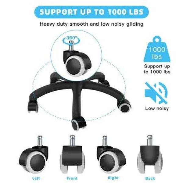 5-Pack Heavy-Duty Office Chair Casters for Hardwood and Carpet Floors - 2 Inch Universal Size with 1000 lbs Support (White)