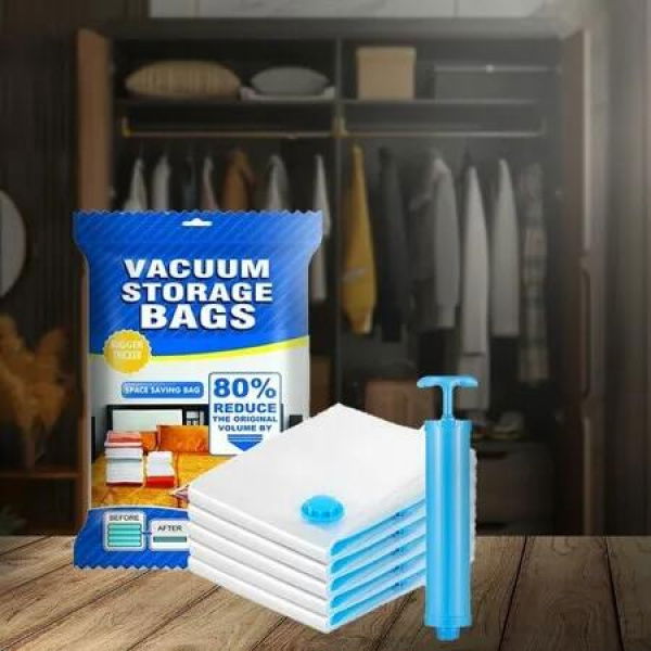 5 Pack Vacuum Bags With Hand Pump Airtight Reusable Space Saver Compression Storage Bags With Ziplock For Clothes,Blankets Storage,Pillows,Travel