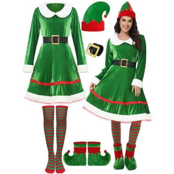 5 Pack Women Christmas Elf Costume Set Velvet Dress Belt Striped Over Knee High Socks Elf Hat Shoes for Cosplay (Size:Large)