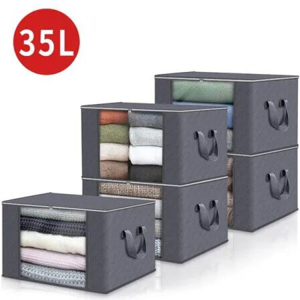 5 PCS Clothes Storage Bag,Closet Organizer,With Handles,Heavy Duty Fabric Bags With Clear Window 35L Each