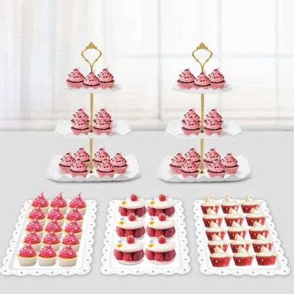 5 Pcs Dessert Table Display Set,2 Pcs Cupcake Stand Holder Cup Cake Tier Tower and 3 Pcs Serving Tray Combo (Wave Square)