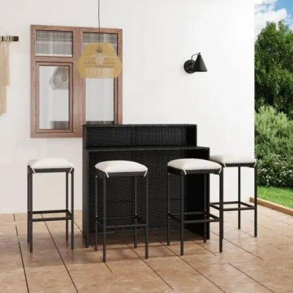 5 Piece Garden Bar Set with Cushions Black