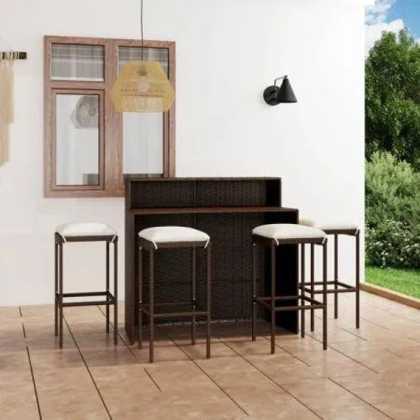 5 Piece Garden Bar Set with Cushions Brown