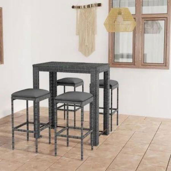 5 Piece Garden Bar Set with Cushions Poly Rattan Grey