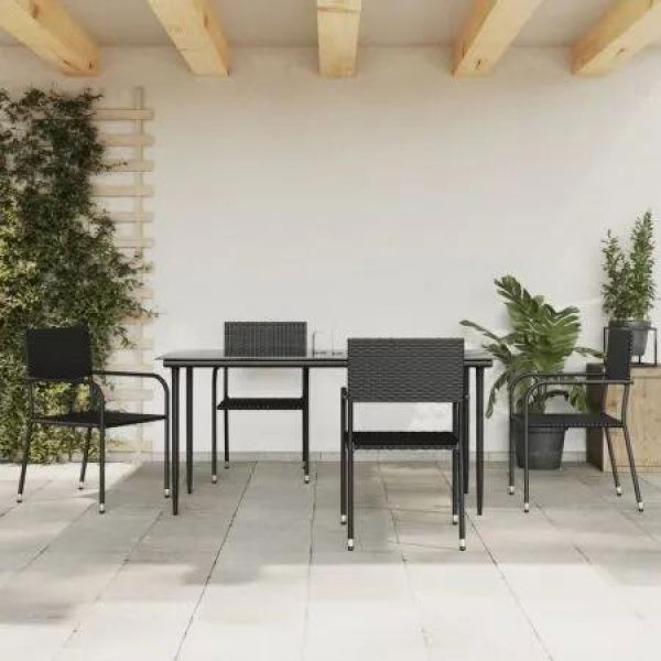 5 Piece Garden Dining Set Black Poly Rattan and Steel