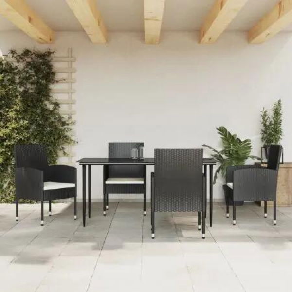 5 Piece Garden Dining Set Black Poly Rattan and Steel