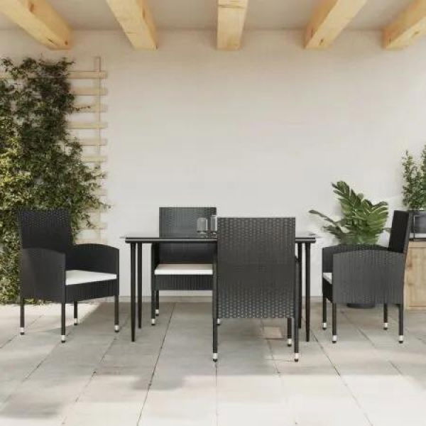 5 Piece Garden Dining Set Black Poly Rattan and Steel