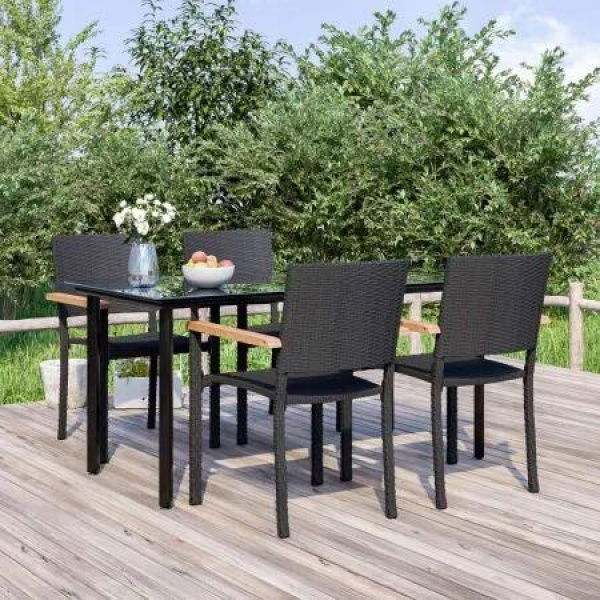 5 Piece Garden Dining Set Black Poly Rattan