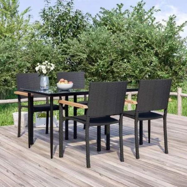 5 Piece Garden Dining Set Black Poly Rattan