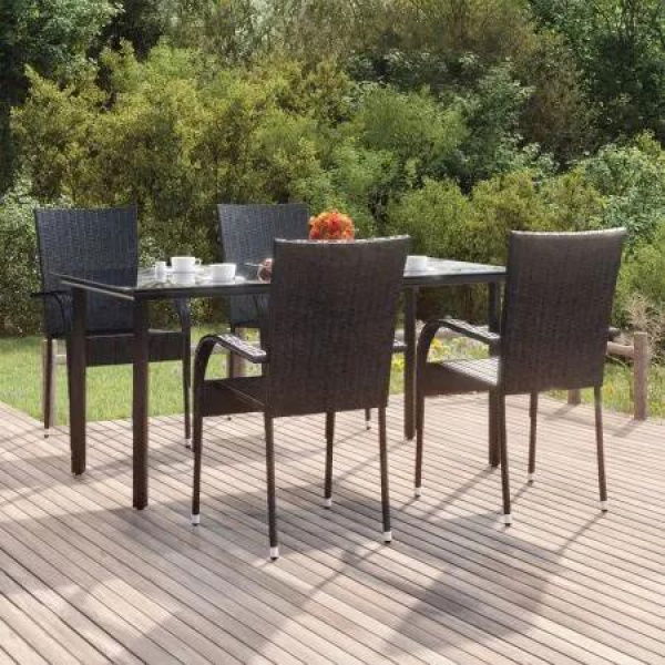 5 Piece Garden Dining Set Black Poly Rattan