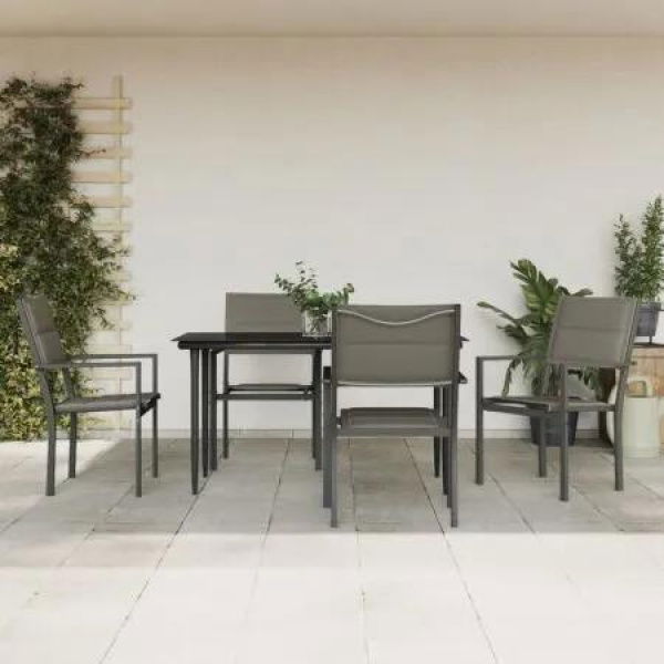 5 Piece Garden Dining Set Black Steel and Textilene