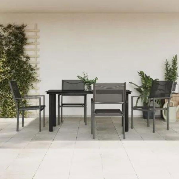 5 Piece Garden Dining Set Black Steel and Textilene