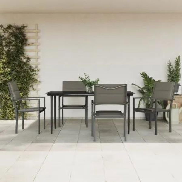 5 Piece Garden Dining Set Black Steel and Textilene