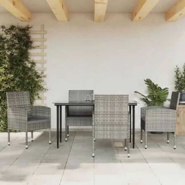 5 Piece Garden Dining Set Grey and Black Poly Rattan and Steel