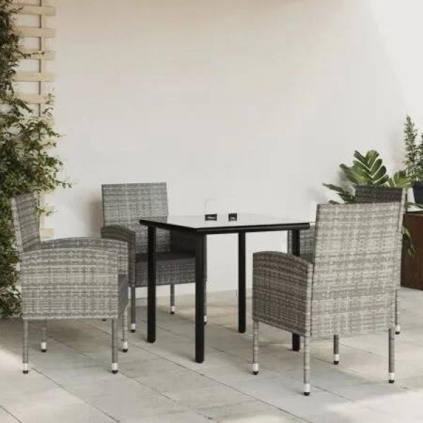 5 Piece Garden Dining Set Grey and Black Poly Rattan and Steel