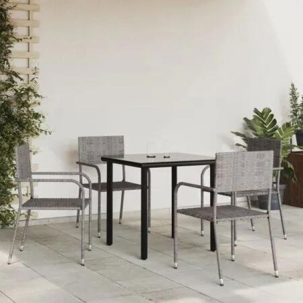 5 Piece Garden Dining Set Grey and Black Poly Rattan and Steel