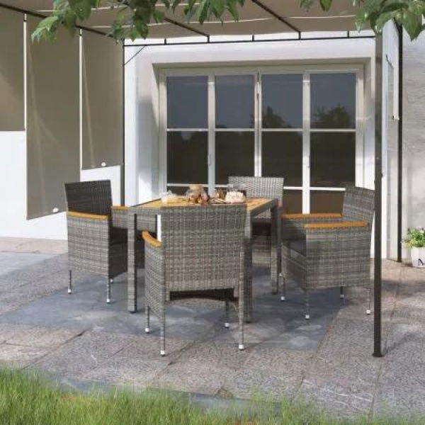 5 Piece Garden Dining Set Poly Rattan & Solid Acacia Wood Grey