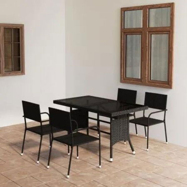 5 Piece Garden Dining Set Poly Rattan Black