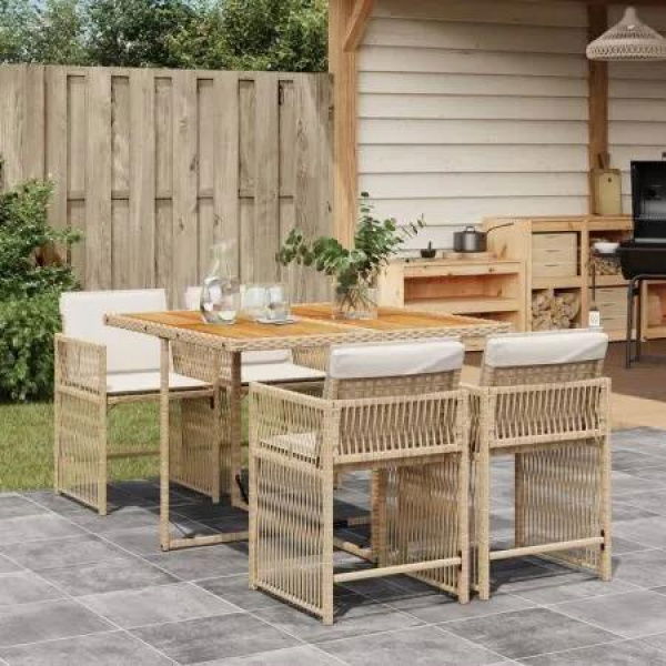 5 Piece Garden Dining Set with Cushions Beige Poly Rattan