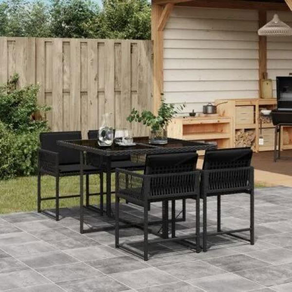 5 Piece Garden Dining Set with Cushions Black Poly Rattan