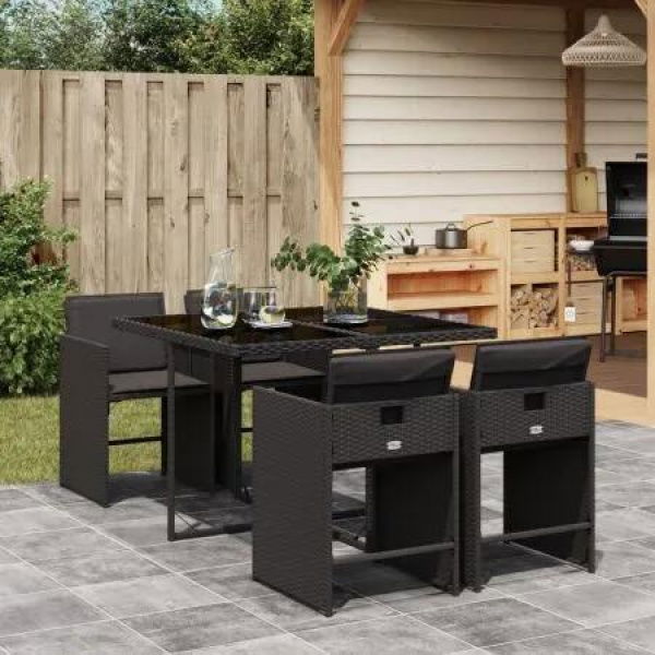 5 Piece Garden Dining Set with Cushions Black Poly Rattan