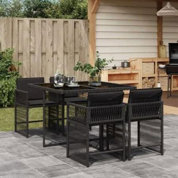 5 Piece Garden Dining Set with Cushions Black Poly Rattan