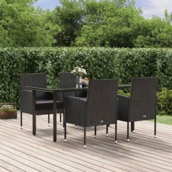 5 Piece Garden Dining Set with Cushions Black Poly Rattan