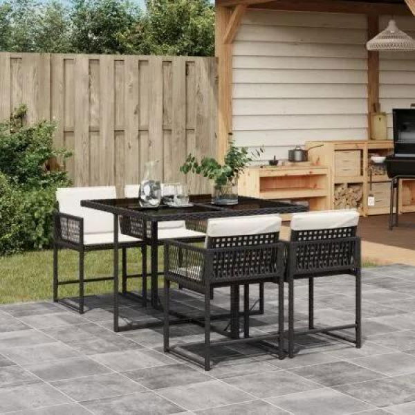 5 Piece Garden Dining Set with Cushions Black Poly Rattan