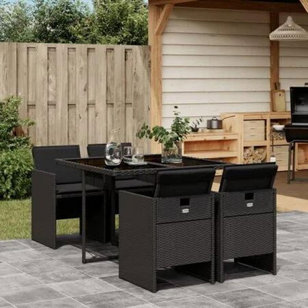 5 Piece Garden Dining Set with Cushions Black Poly Rattan