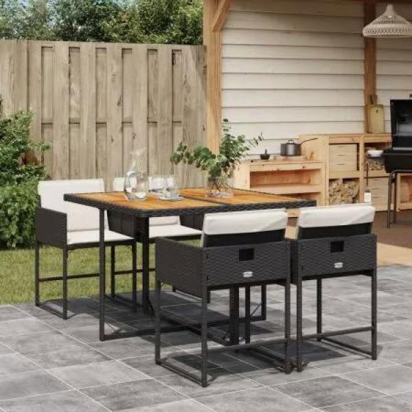 5 Piece Garden Dining Set with Cushions Black Poly Rattan