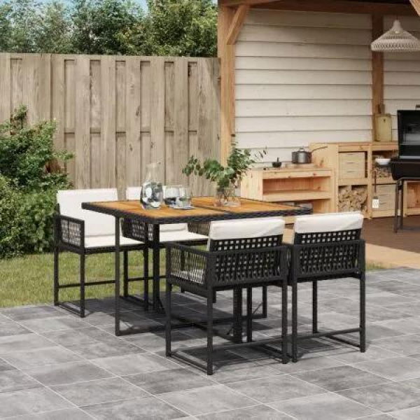 5 Piece Garden Dining Set with Cushions Black Poly Rattan