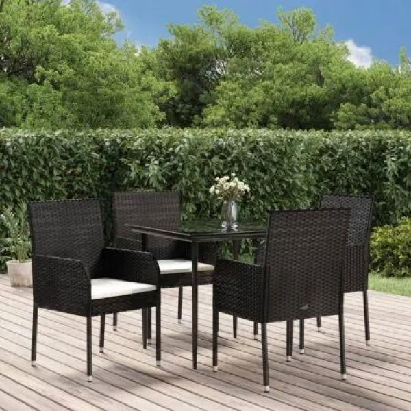 5 Piece Garden Dining Set with Cushions Black Poly Rattan