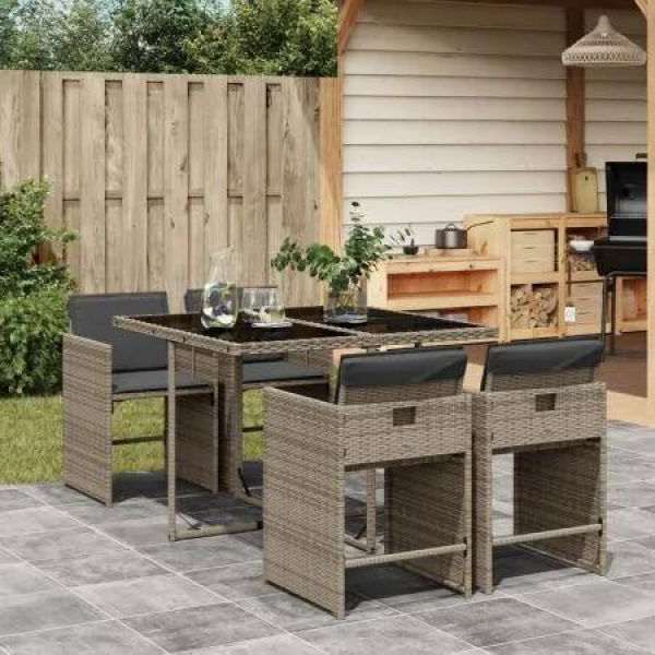 5 Piece Garden Dining Set with Cushions Grey Poly Rattan