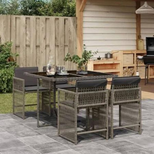 5 Piece Garden Dining Set with Cushions Grey Poly Rattan