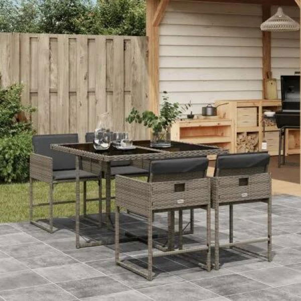 5 Piece Garden Dining Set with Cushions Grey Poly Rattan