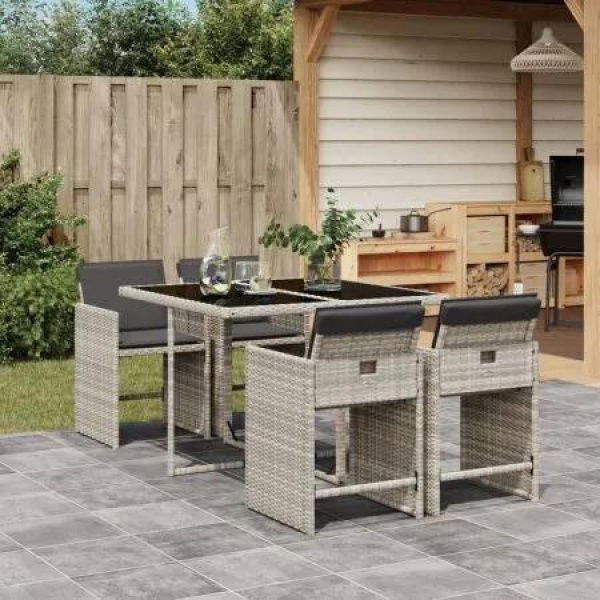 5 Piece Garden Dining Set with Cushions Light Grey Poly Rattan