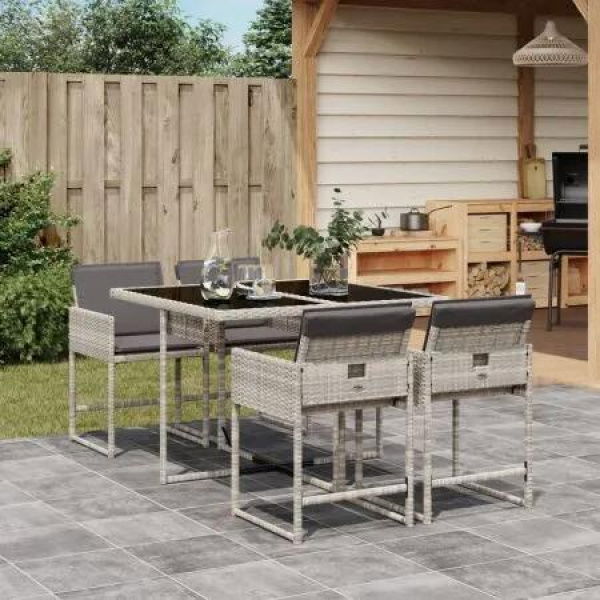 5 Piece Garden Dining Set with Cushions Light Grey Poly Rattan