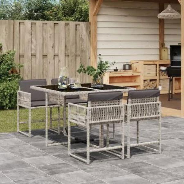 5 Piece Garden Dining Set with Cushions Light Grey Poly Rattan