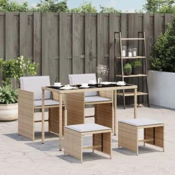 5 Piece Garden Dining Set with Cushions Mix Beige Poly Rattan