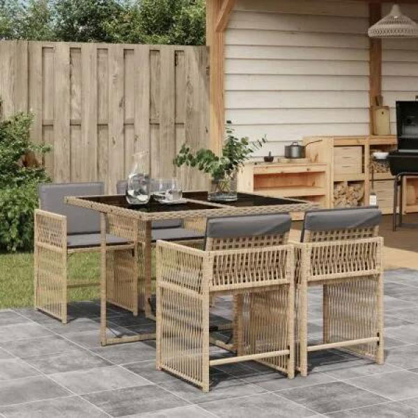 5 Piece Garden Dining Set with Cushions Mix Beige Poly Rattan