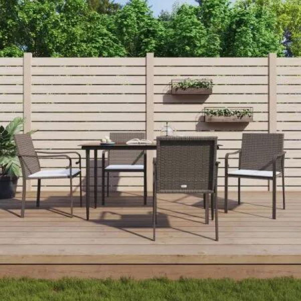 5 Piece Garden Dining Set with Cushions Poly Rattan and Steel