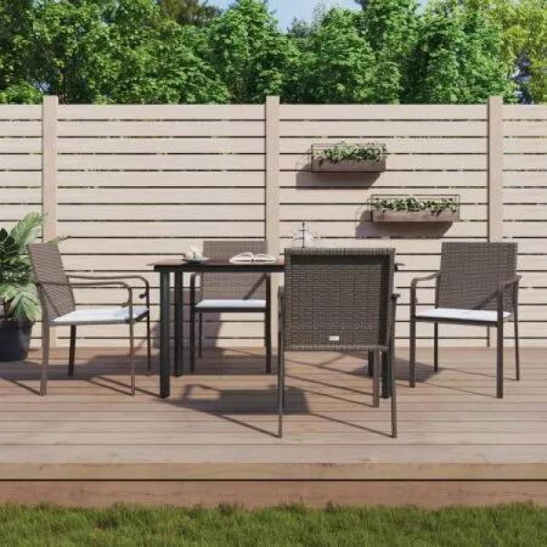 5 Piece Garden Dining Set with Cushions Poly Rattan and Steel