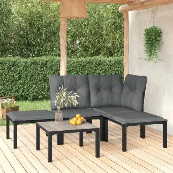 5 Piece Garden Lounge Set Black and Grey Poly Rattan