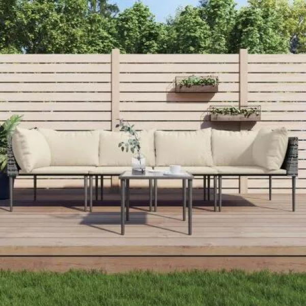 5 Piece Garden Lounge Set with Cushions Grey Poly Rattan