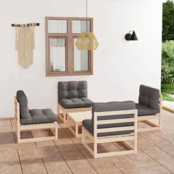 5 Piece Garden Lounge Set with Cushions Solid Pinewood