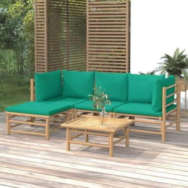 5 Piece Garden Lounge Set with Green Cushions Bamboo