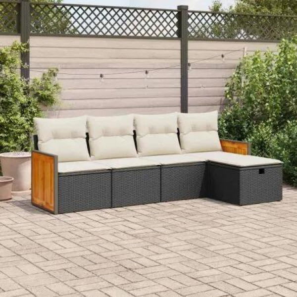 5 Piece Garden Sofa Set with Cushions Black Poly Rattan